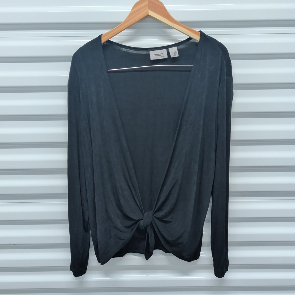 Chico's Travelers Top Size 3 Women Black V-Neck Front Knot Long Sleeve Acetate — photo 2